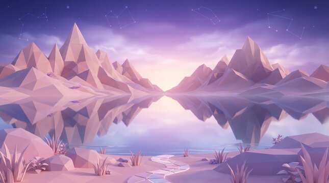 Low poly mountain landscape with lake reflection at sunset