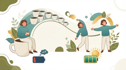 Naklejka premium A person enjoys a warm drink while others express energy in a setting filled with plants, showcasing wellness through detoxification.