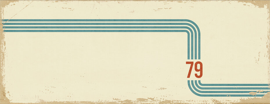 1970s sports banner with copyspace. Vintage colored stripes and the number 79 on grunge, bleached out paper texture with scratches and folds.