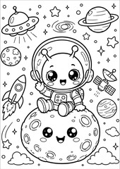 Fototapeta premium Cute Kawaii Alien Space Adventures Coloring Book for Kids