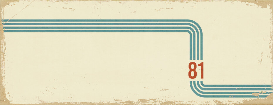 1980s sports banner with copyspace. Vintage colored stripes and the number 81 on grunge, bleached out paper texture with scratches and folds.