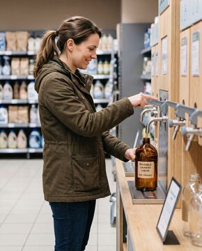 Woman filling reusable amber glass bottle at laundry detergent refill station in supermarket