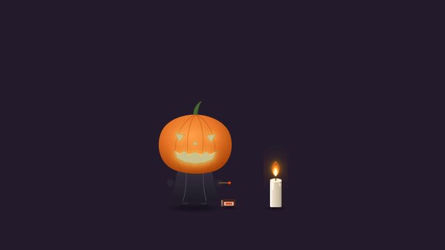 Animated Halloween Jack-O'-Lantern striking a match on a matchbox, lighting a candle, and getting startled when the flame suddenly expands in 4K resolution.