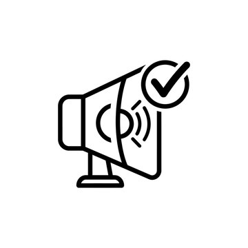 Megaphone Speaker Line Icon with Check Mark for Audio and Sound Confirmation