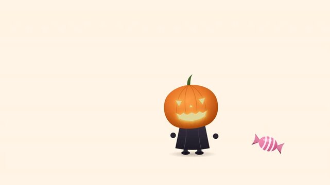 Animated Halloween Jack-O'-Lantern character playfully chasing a light, floating wrapped candy without candy ground shadows in 4K resolution.