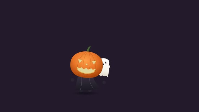 Animated Halloween Jack-O'-Lantern character startled as a friendly ghost emerges from inside its cape in a deterministic 4K motion sequence.