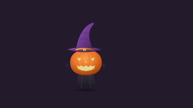 Animated Halloween Jack-O'-Lantern character wearing a witch hat on top of its head with dynamic wind reaction and secondary motion in a deterministic 4K SVG loop.