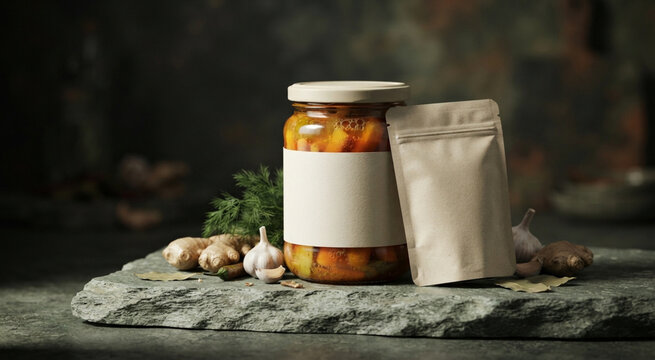 Earthy Artisan Presentation: Food packaging jars and pouch mock-up on dark rustic stone slate