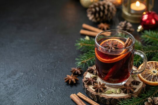 Warm mulled wine in a glass mug with orange slices and spices on a dark background. Cozy winter drink concept for holiday menus and seasonal advertising.