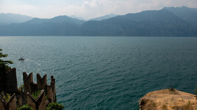 Panoramic view of Malcesine town and Lake Garda, Italy