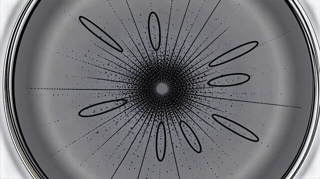 Abstract black and white circular pattern with radiating lines and dot matrix