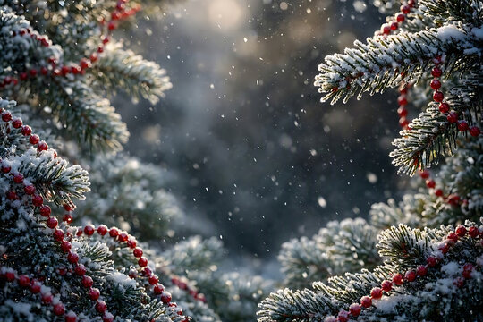 Snowy Christmas tree branches decorated with red beads during a winter snowfall, creating a festive holiday background with copy space