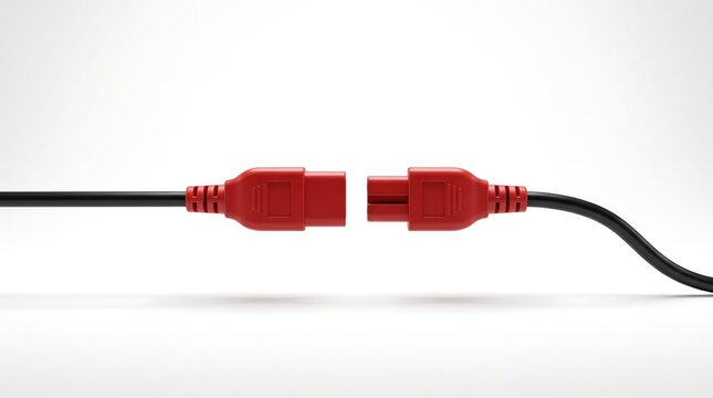 Network connection drop and system disconnection concept showing two unplugged red cables on white background