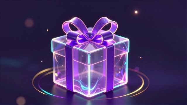 Neon-lit gift box with glowing purple ribbon, floating on cosmic background.