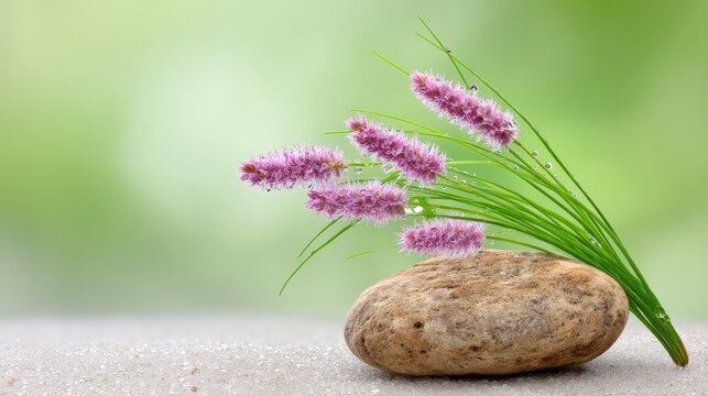 Zen composition with purple flowers and spa stone on a sand background