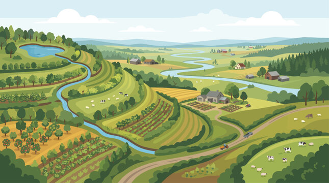 Keyline water landscape farm using contour design for soil conservation and water