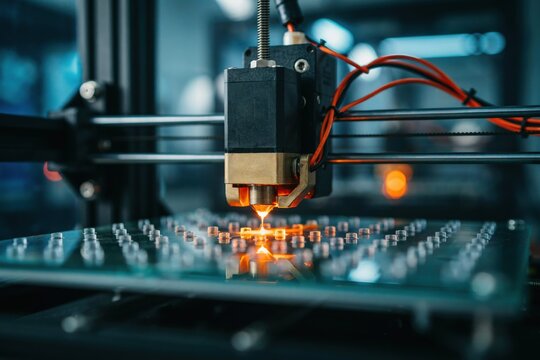 3D printer nozzle extruding glowing molten plastic on a printing bed in a workshop. Advanced technology concept for modern manufacturing and engineering illustrations.