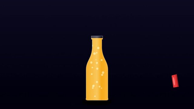 Yellow glass bottle with a red cap isolated on a dark background