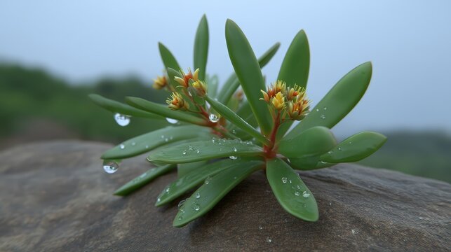 Succulent plant on a rock with water droplets in nature