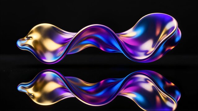 Shiny, colorful wave sculpture with reflective surface against black background.