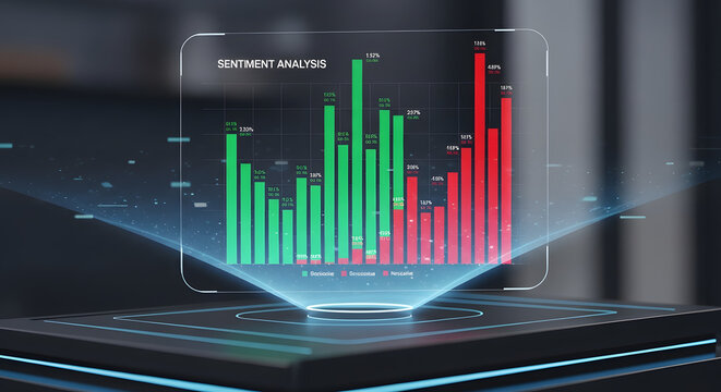 Holographic Digital Sentiment Analysis Dashboard Visualizing Financial Market Trends and Data Insights