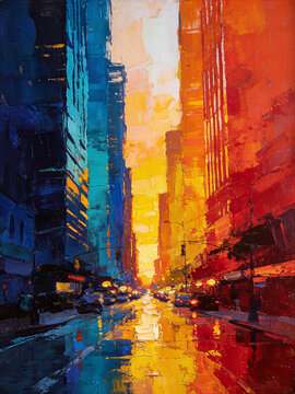 An expressive oil painting of a busy city street lined with tall skyscrapers during a vibrant sunset, capturing the dramatic contrast between warm light and cool blue shadows.