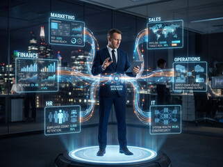 Obraz premium Connected Enterprise — businessman surrounded by holographic departments including finance, HR, sales, IT, marketing, and operations connected by data streams.