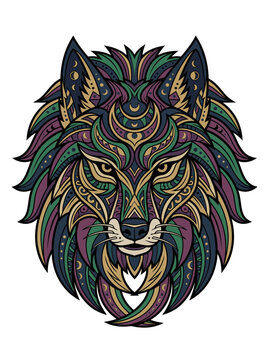 Tribal Wolf: Intricate wild wolf head portrait decorated in ethnic mandala and boho patterns
