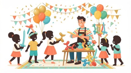 Fototapeta premium Kids enjoy a birthday party with cake and balloon decorations while an entertainer creates balloon animals.
