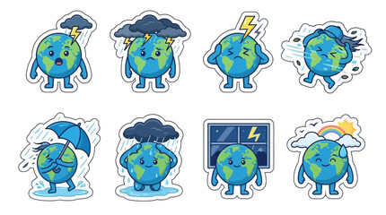 Obraz premium Earth Globe Mascot Sticker Set Reacting to Stormy Weather