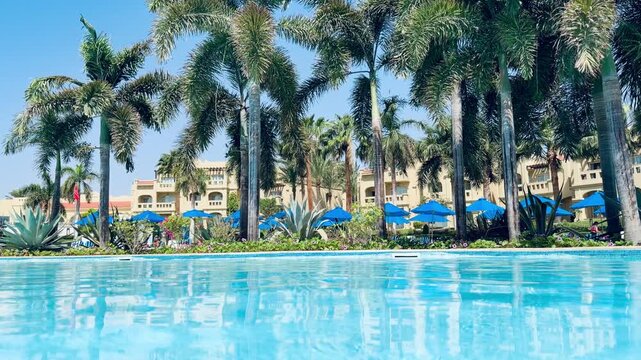 POV video shot of swimming inside luxury five star hotel pool with blue mosaic tiles and tall palm trees in Sharm El Sheikh. Premium resort relaxation background for summer vacation and elite travel.
