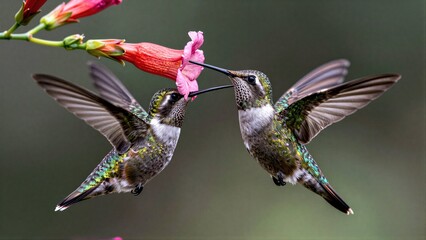 Obraz premium Two hummingbirds hover near a pink flower, wings blurred in motion.