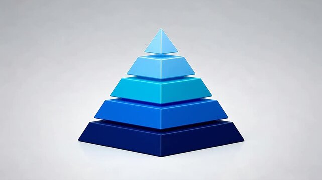 Blue geometric pyramid structure stacked with multiple square layers on light gray gradient background