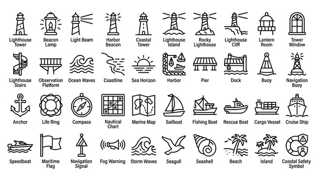 40 Lighthouse Maritime Outline Icons Featuring Coastal Beacons Navigation Towers Ocean Waves Ships Buoys Anchors and Vector Design