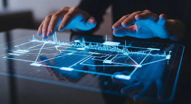 Person interacting with a glowing digital holographic interface displaying complex data analysis charts and network graphs in a dark high-tech environment