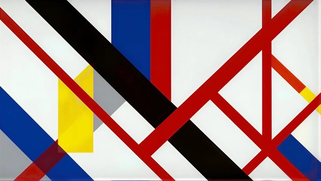 Abstract geometric art with bold red, blue, black and yellow intersecting lines on white background.