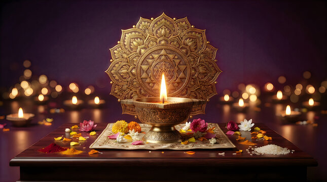 Beautiful diwi festival celebration with a glowing golden oil lamp surrounded by traditional decorations on a dark purple background setting