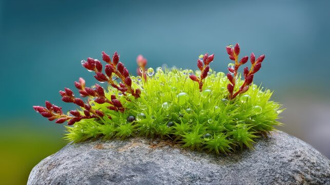 Fresh moss and red flowering plant with dew drops on a stone in spring