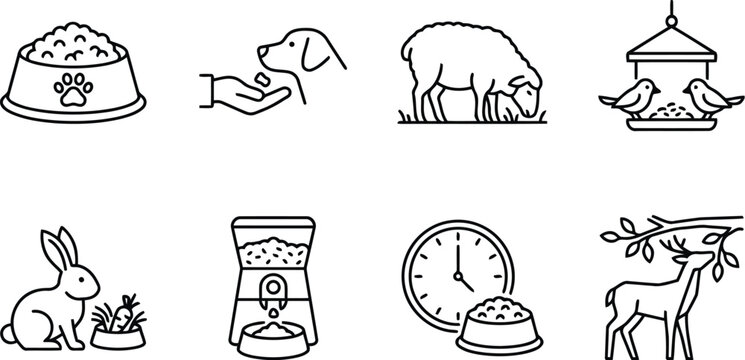 Set of pet and wildlife care and feeding line icons for animal management with wildlife management nutrition domestic