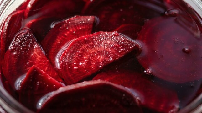 Close up of sliced pickled red beets in a glass jar