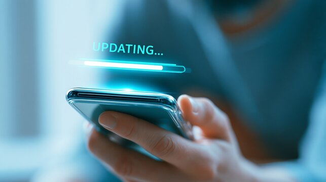 A glowing holographic software update loading bar over a smartphone isolated on transparent background. Concept for digital transformation, mobile tech, and cyber security.