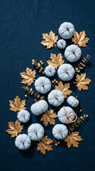 Obraz premium Light blue pumpkins and golden maple leaves scattered on a dark blue textured background, symbolizing autumn harvest and festive decoration