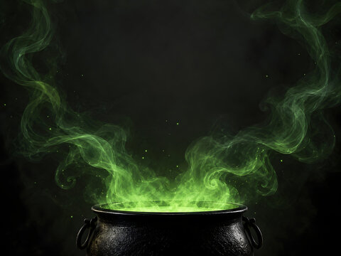 Glowing Green Magic Smoke Rising from Black Cauldron on Dark Halloween Background