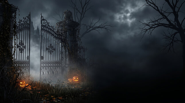 Gothic Halloween event ticketing website hero banner with wrought-iron gates and dark misty night sky copy space.