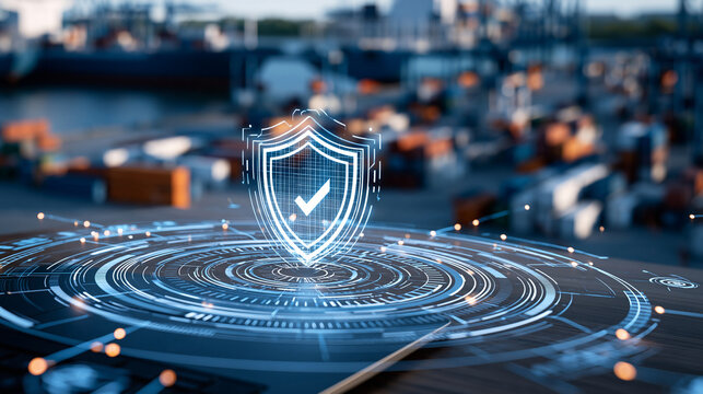 Bright futuristic digital shield icon overlaying a cargo terminal at a clean industrial port supply chain tracking interface concept smart shipping security technology clean modern