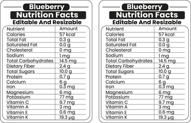 Fototapeta premium Blueberry nutrition facts label design template with editable and resizable text for food packaging and health infographics