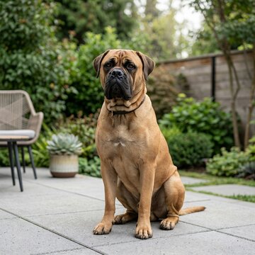 Large Mastiff Dog Sitting Outdoors in a Garden Patio.