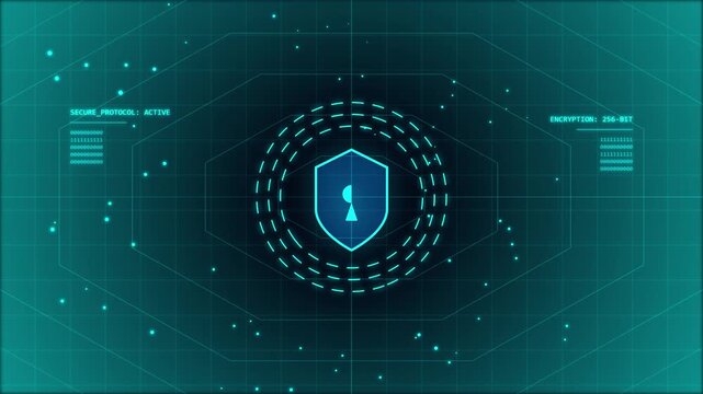 Cyber security shield icon with data stream, digital network and information protection, technology abstract background