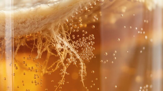 Close up of bubbling kombucha scoby in fermentation jar