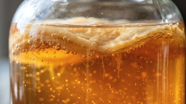 Homebrewed kombucha tea fermentation with floating scoby mushroom in glass jar